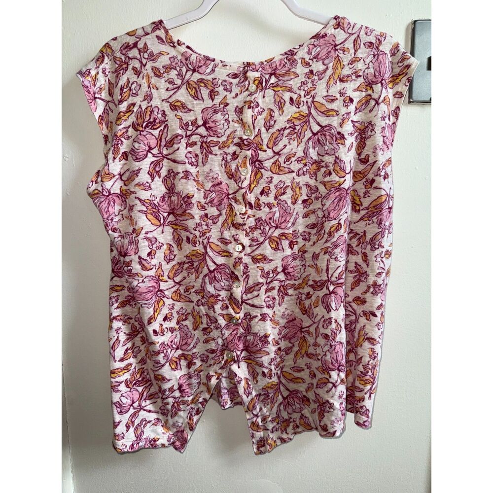 Haute Hippie Style 100% Linen Floral Tank Top Small Pink Orange Button Back - Picture 2 of 9